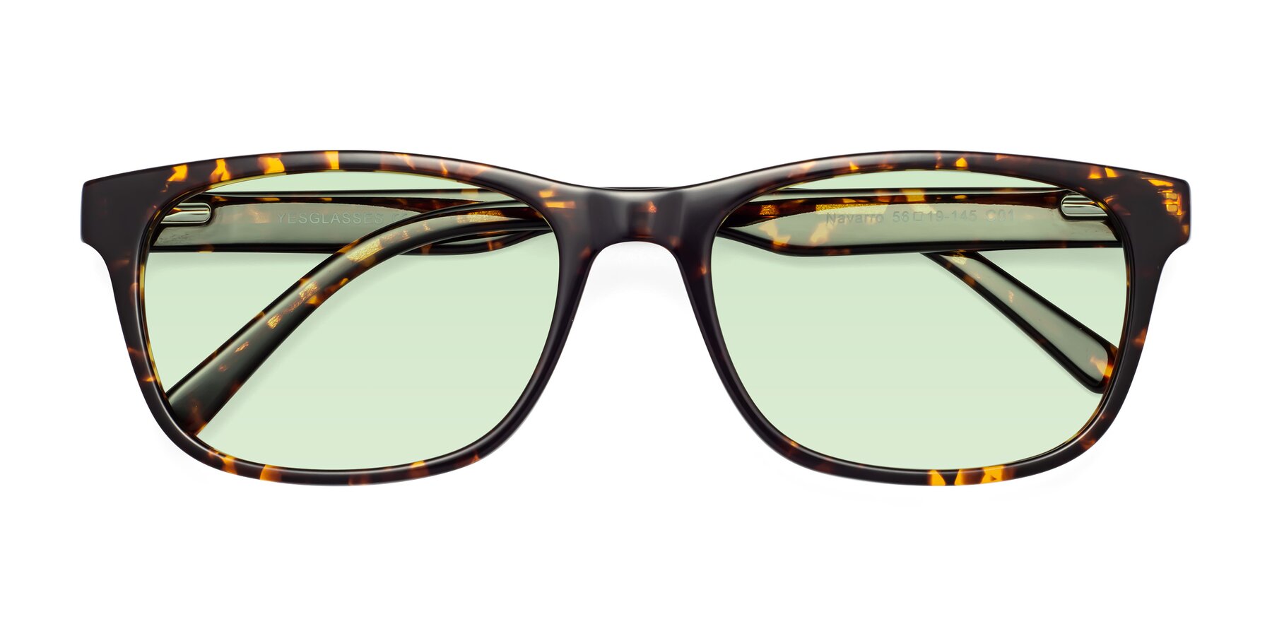 Folded Front of Navarro in Chocolate-Tortoise with Light Green Tinted Lenses