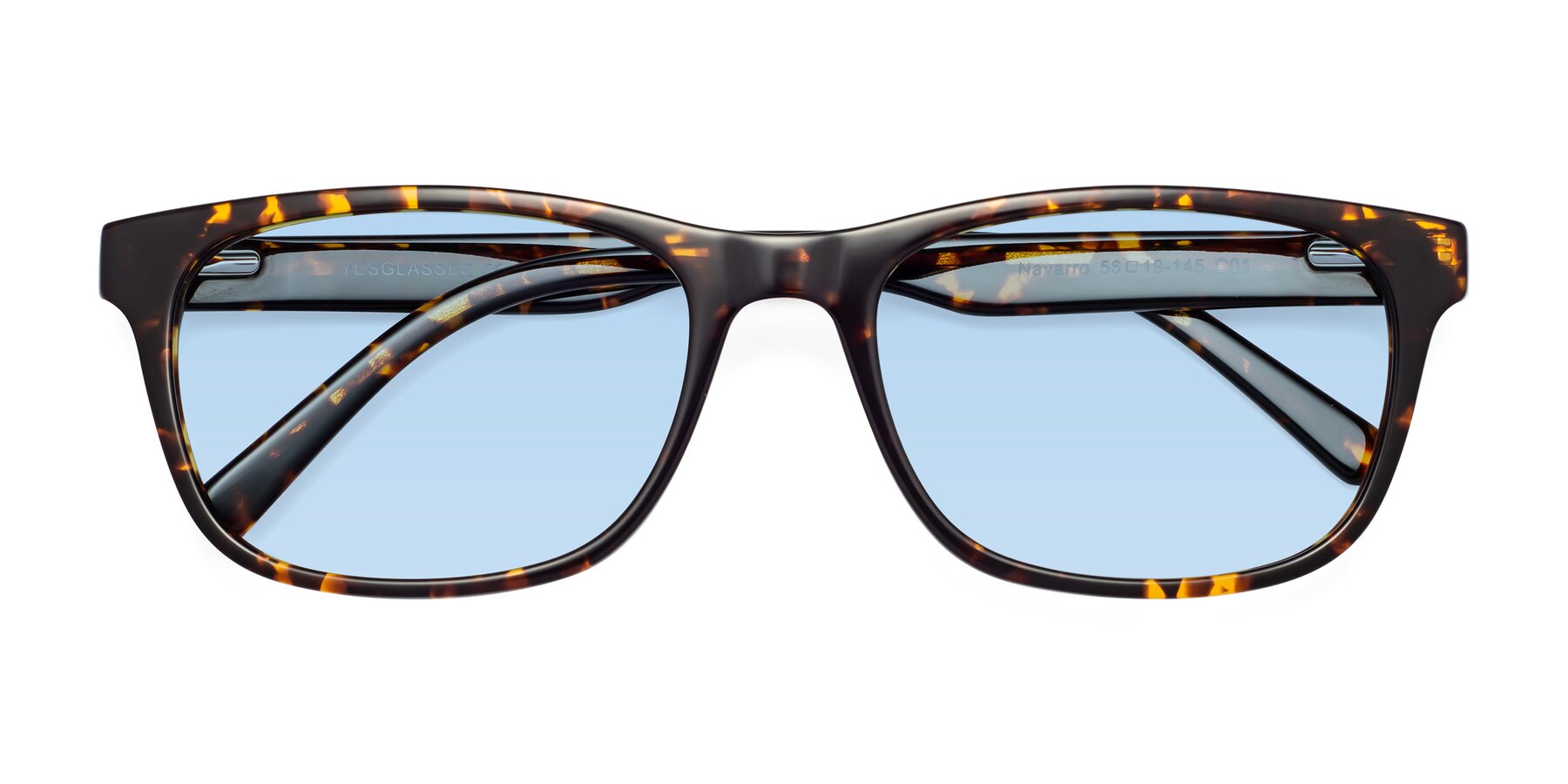 Folded Front of Navarro in Chocolate-Tortoise with Light Blue Tinted Lenses