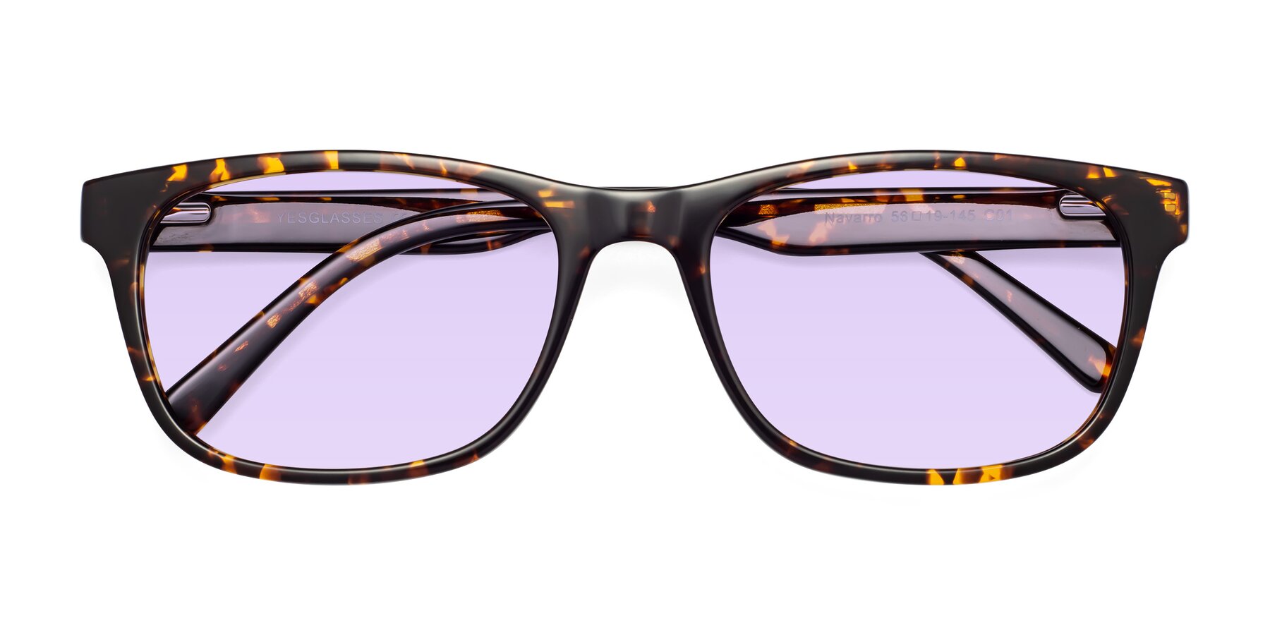 Folded Front of Navarro in Chocolate-Tortoise with Light Purple Tinted Lenses