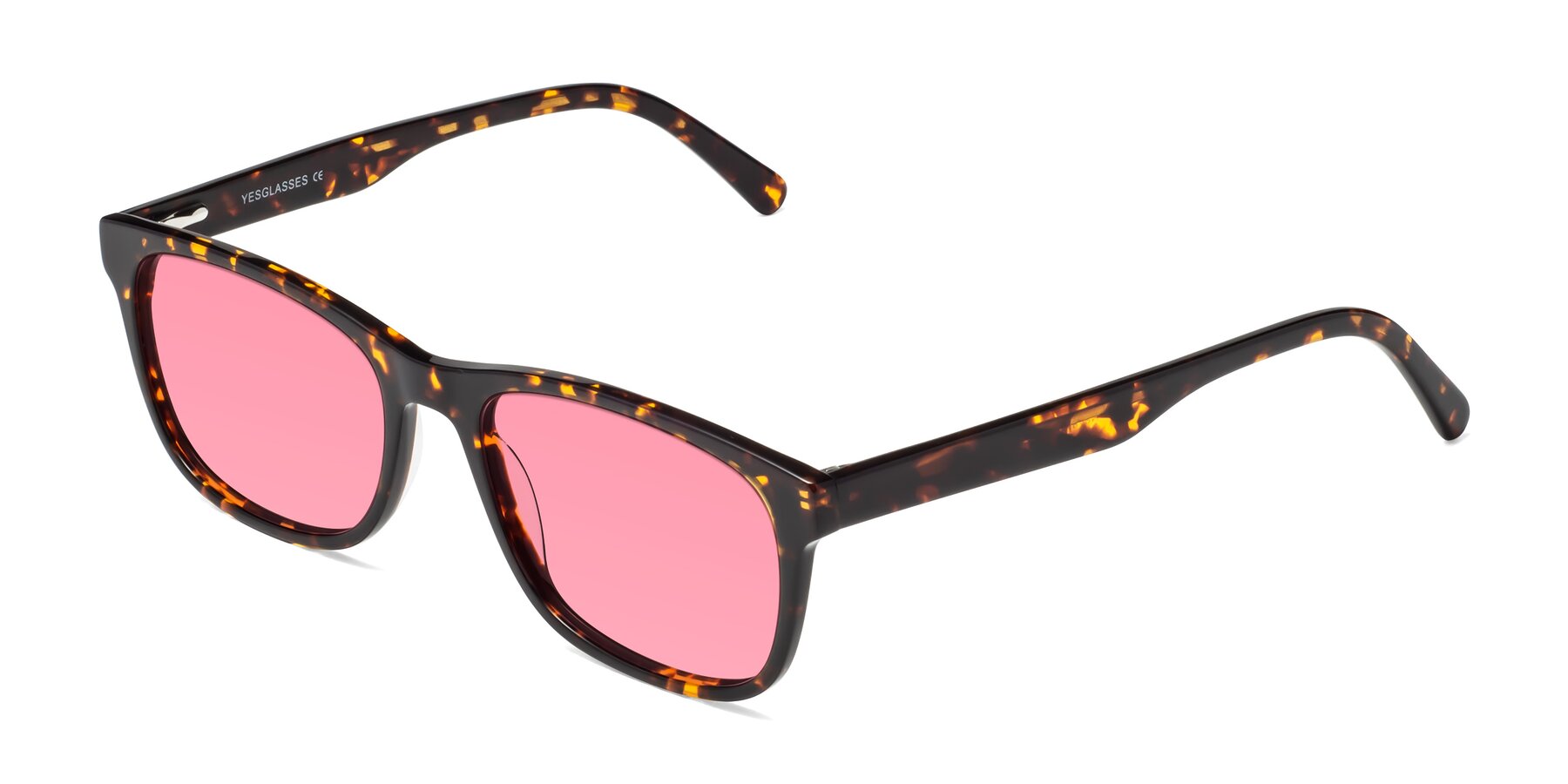 Angle of Navarro in Chocolate-Tortoise with Pink Tinted Lenses