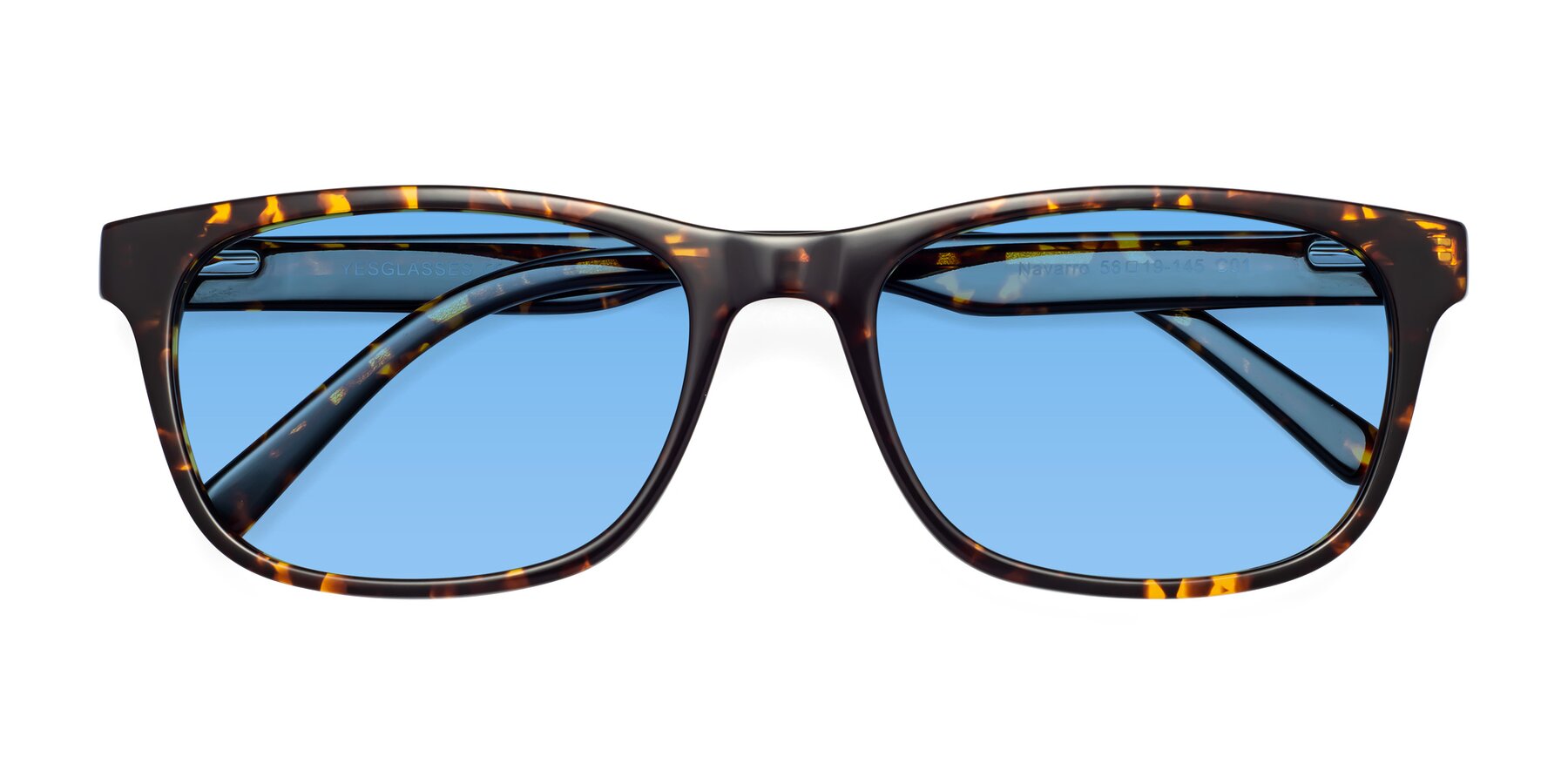 Folded Front of Navarro in Chocolate-Tortoise with Medium Blue Tinted Lenses