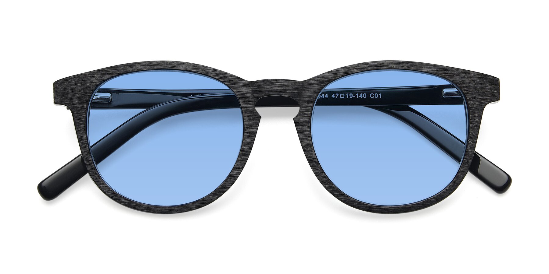 Folded Front of SR6044 in Black-Wooden with Medium Blue Tinted Lenses