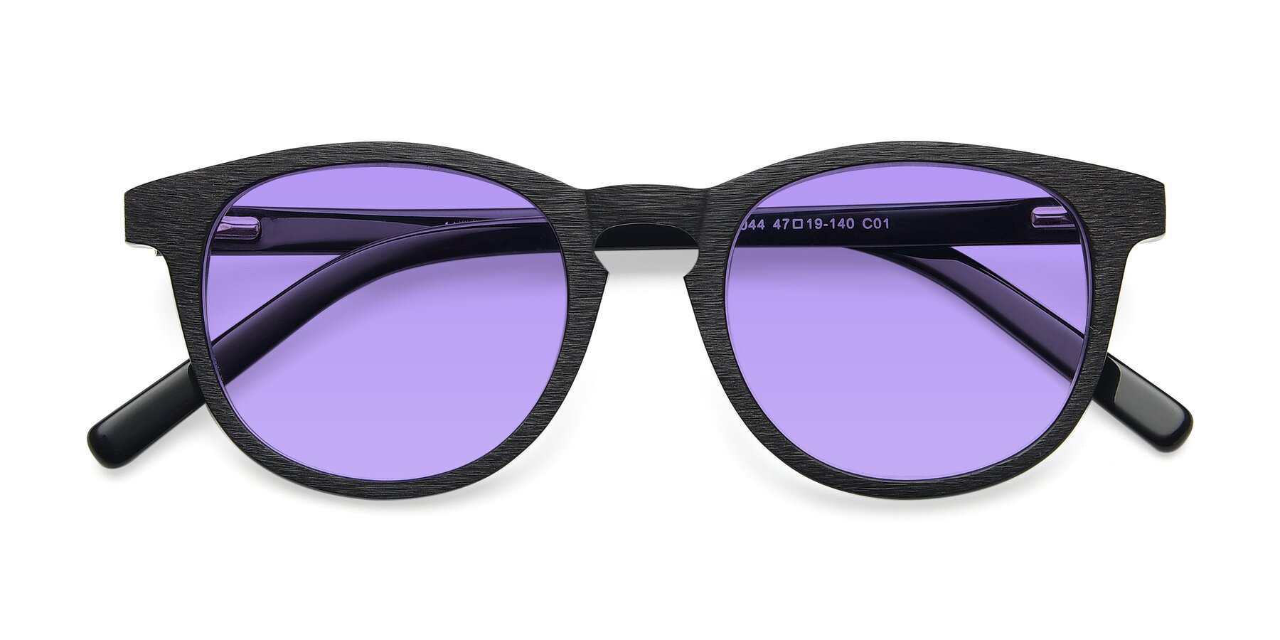 Folded Front of SR6044 in Black-Wooden with Medium Purple Tinted Lenses