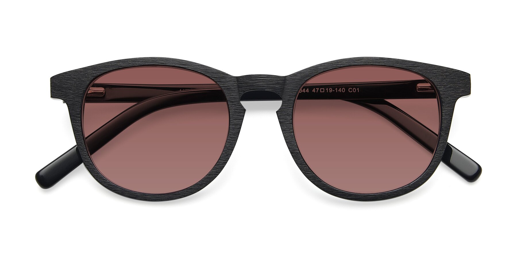 Folded Front of SR6044 in Black-Wooden with Garnet Tinted Lenses