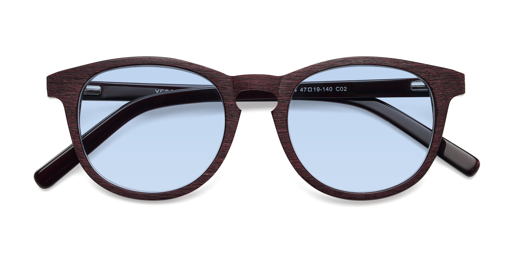 Folded Front of SR6044 in Wine-Wooden with Light Blue Tinted Lenses