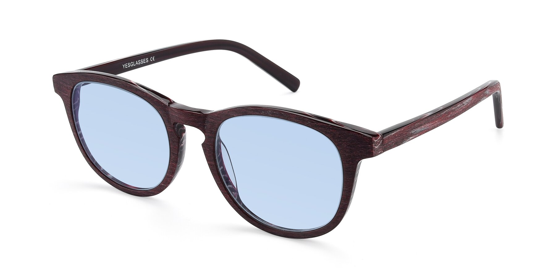 Angle of SR6044 in Wine-Wooden with Light Blue Tinted Lenses