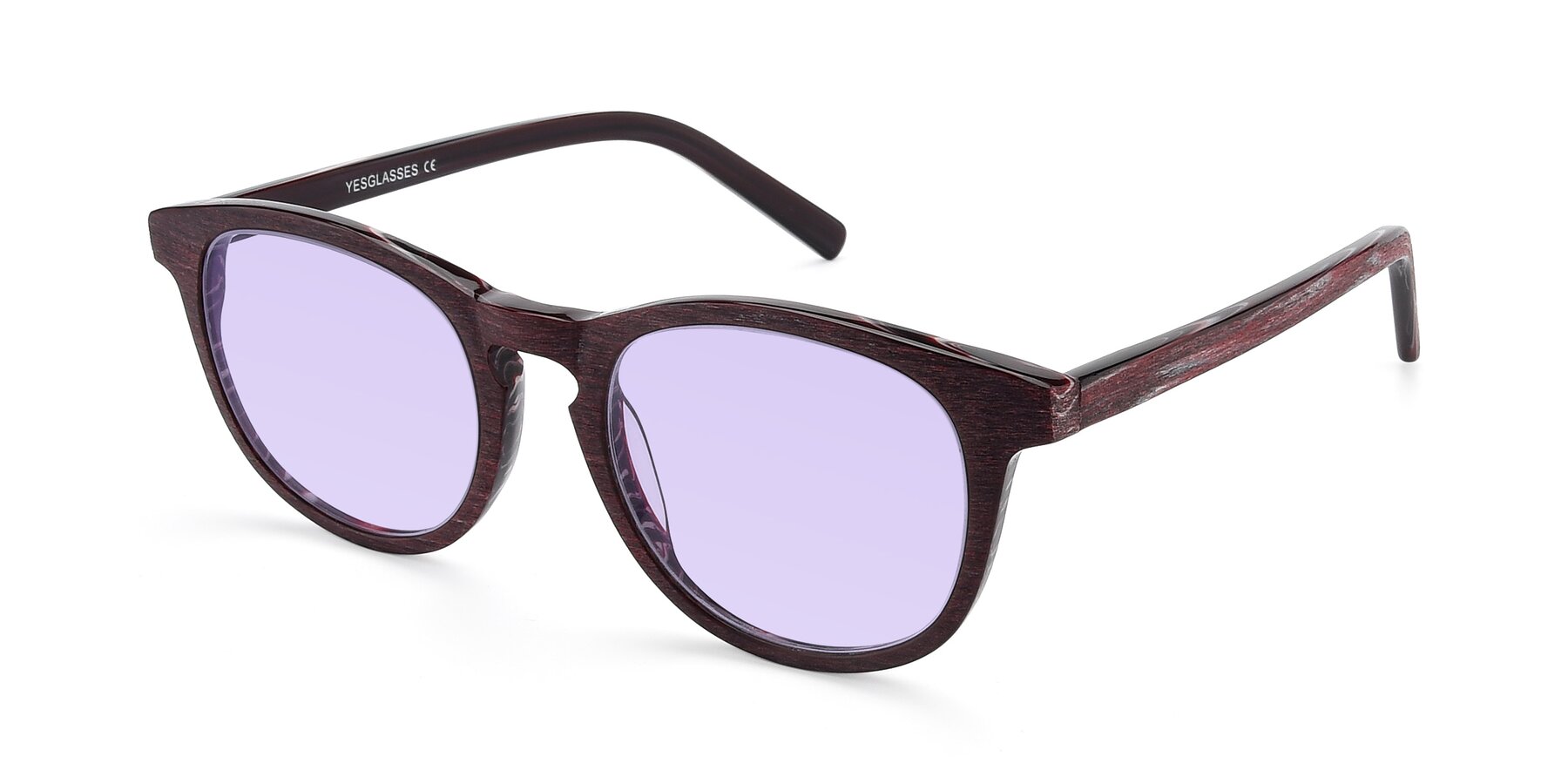 Angle of SR6044 in Wine-Wooden with Light Purple Tinted Lenses