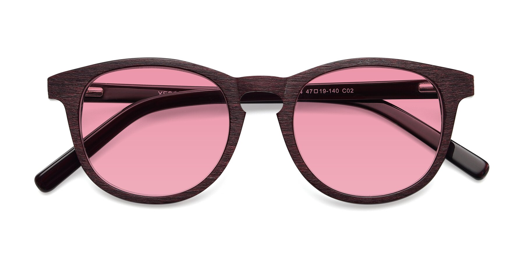 Folded Front of SR6044 in Wine-Wooden with Pink Tinted Lenses