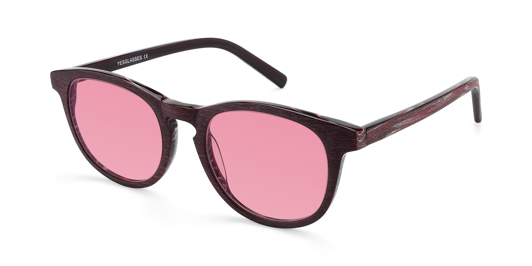 Angle of SR6044 in Wine-Wooden with Pink Tinted Lenses