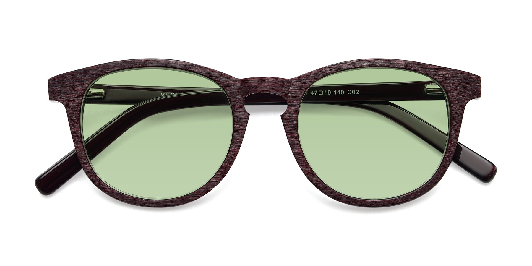 Folded Front of SR6044 in Wine-Wooden with Medium Green Tinted Lenses