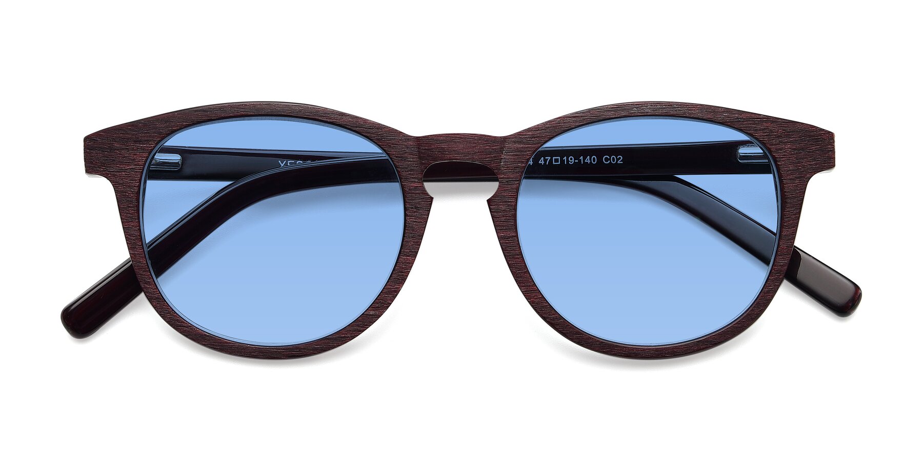 Folded Front of SR6044 in Wine-Wooden with Medium Blue Tinted Lenses
