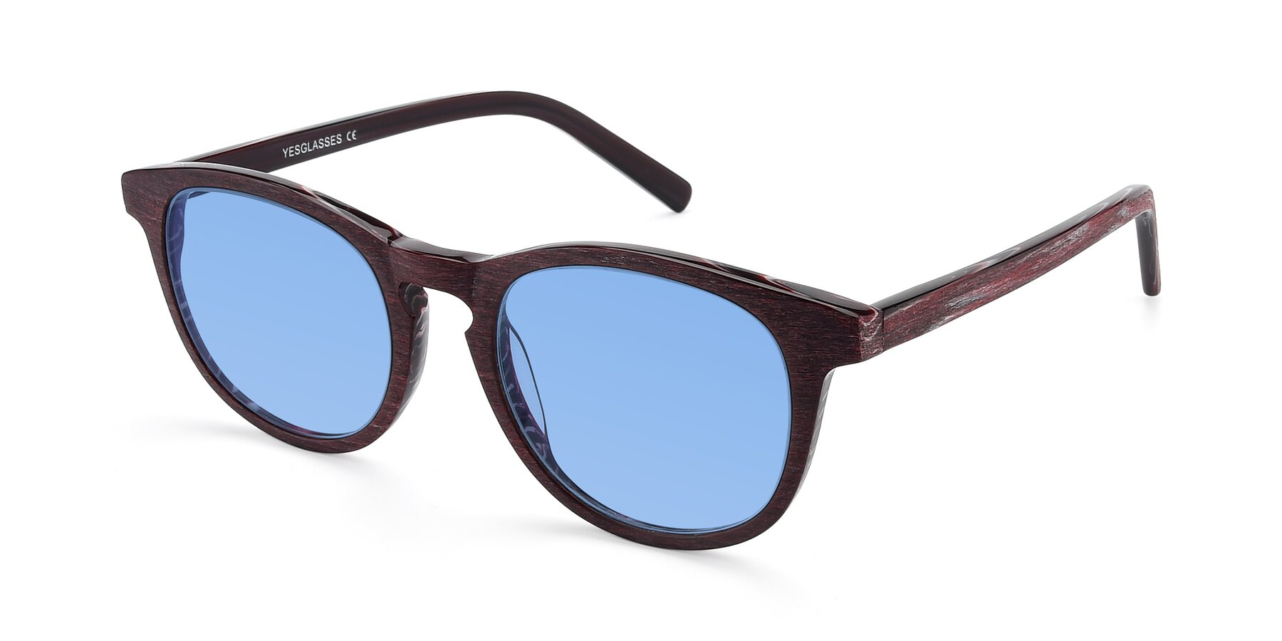 Angle of SR6044 in Wine-Wooden with Medium Blue Tinted Lenses