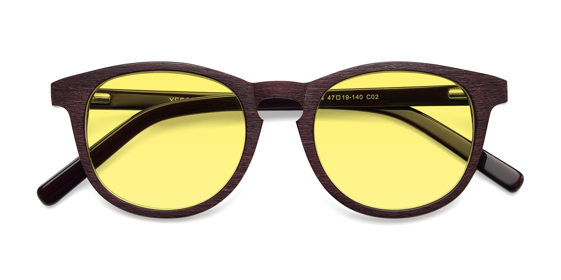 Folded Front of SR6044 in Wine-Wooden with Medium Yellow Tinted Lenses