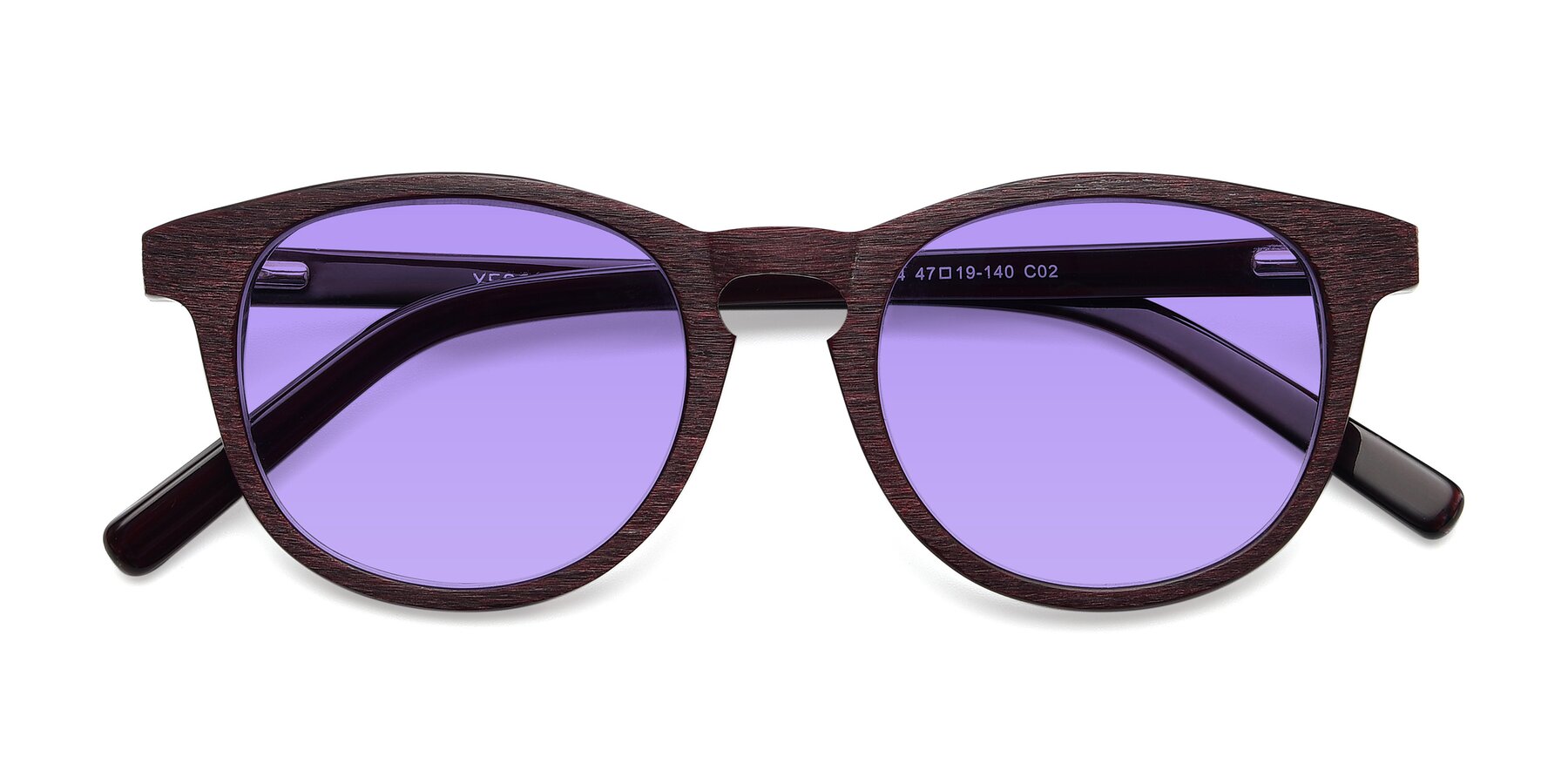 Folded Front of SR6044 in Wine-Wooden with Medium Purple Tinted Lenses