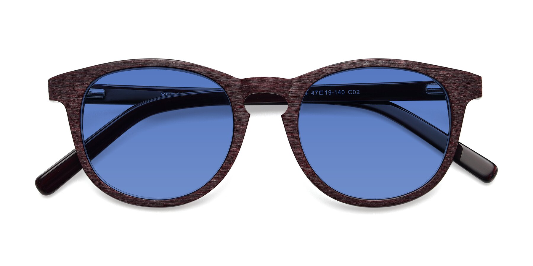 Folded Front of SR6044 in Wine-Wooden with Blue Tinted Lenses