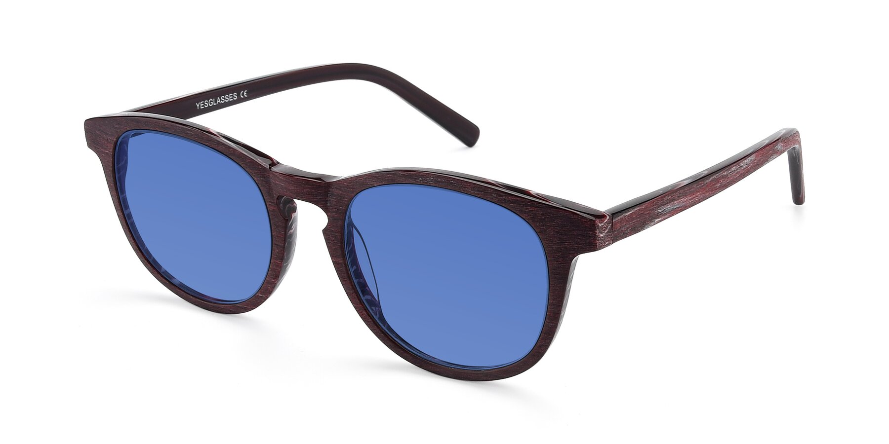 Angle of SR6044 in Wine-Wooden with Blue Tinted Lenses