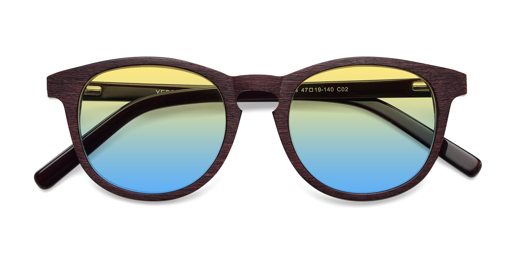 Folded Front of SR6044 in Wine-Wooden with Yellow / Blue Gradient Lenses