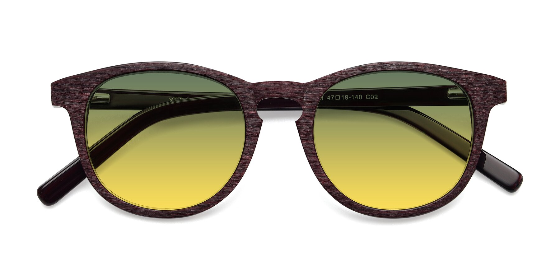 Folded Front of SR6044 in Wine-Wooden with Green / Yellow Gradient Lenses