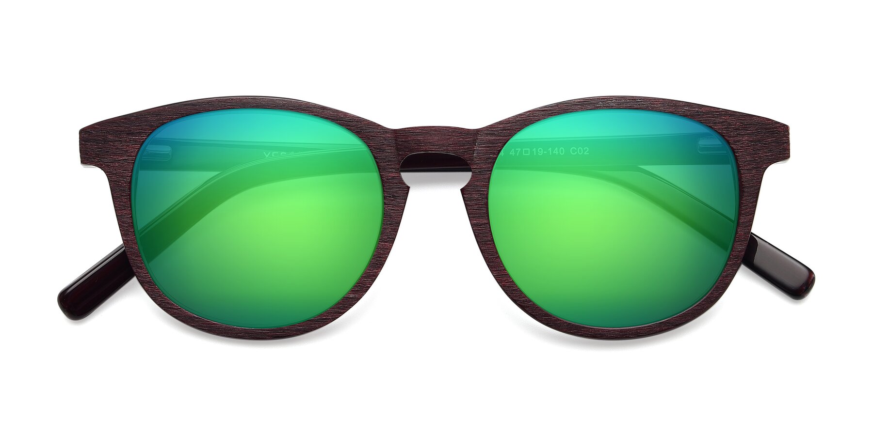 Folded Front of SR6044 in Wine-Wooden with Green Mirrored Lenses