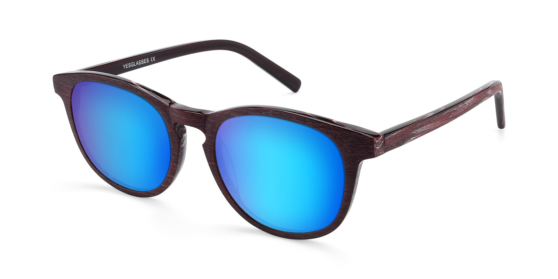 Angle of SR6044 in Wine-Wooden with Blue Mirrored Lenses