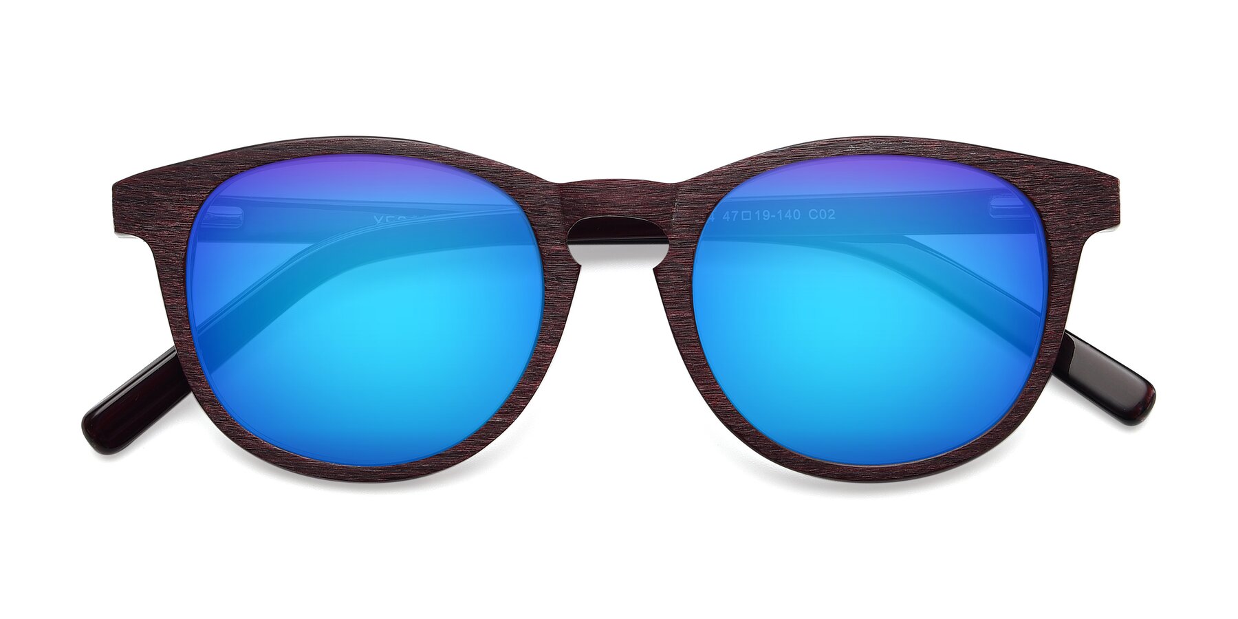 View of SR6044 in Wine-Wooden with Blue Mirrored Lenses