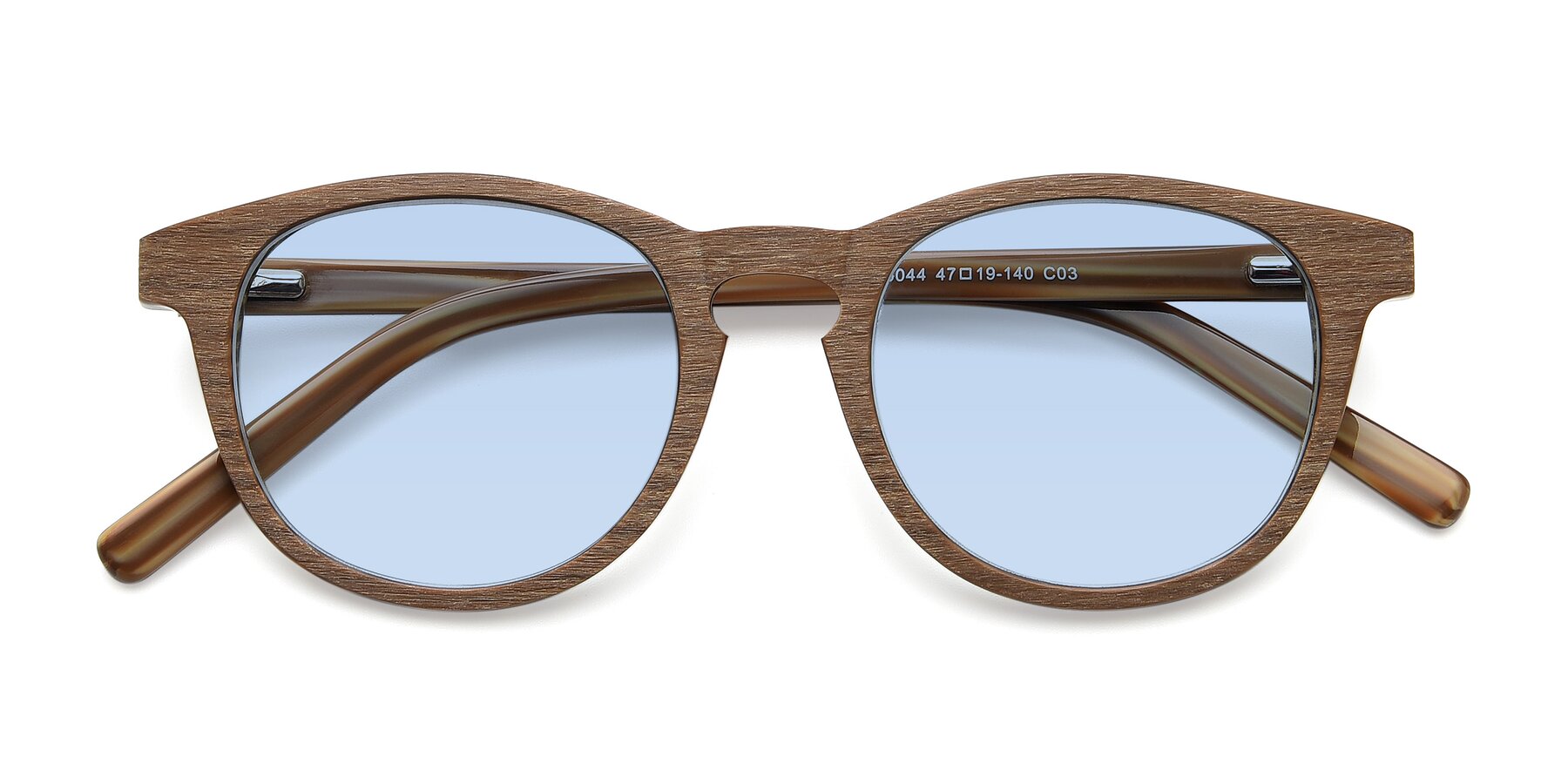 Folded Front of SR6044 in Brown-Wooden with Light Blue Tinted Lenses