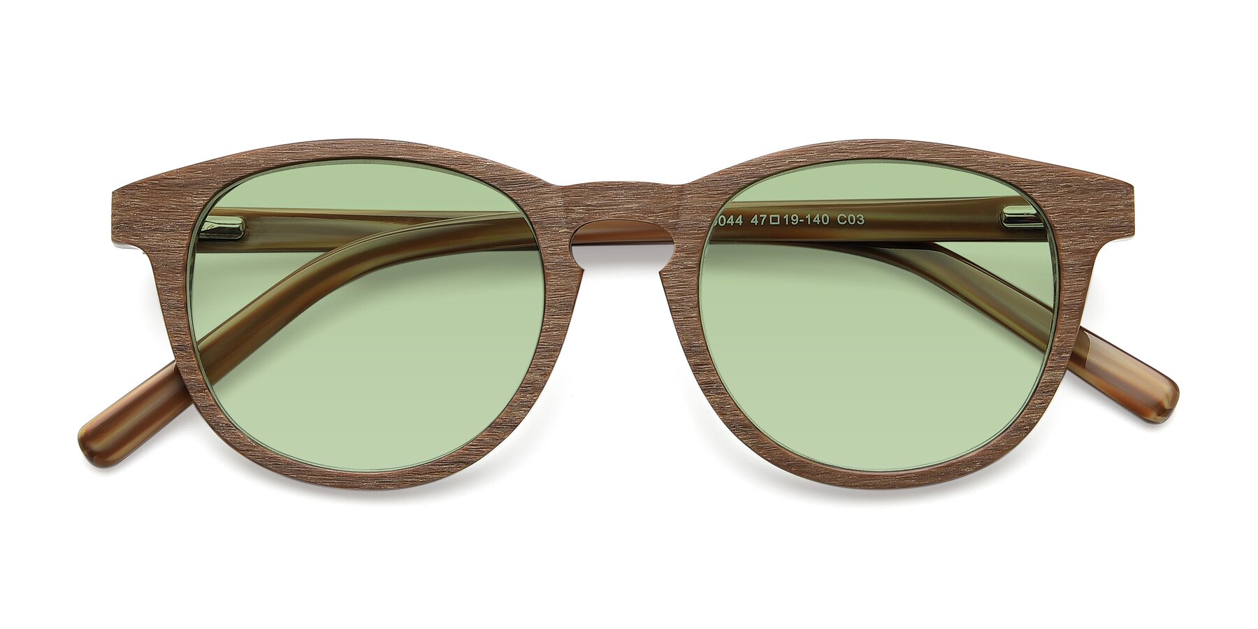 Folded Front of SR6044 in Brown-Wooden with Medium Green Tinted Lenses