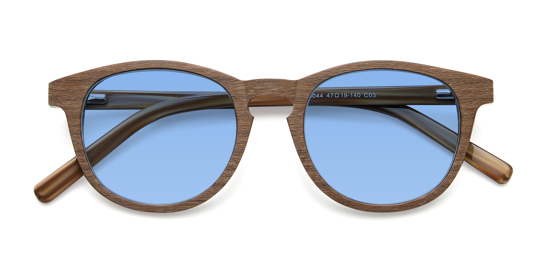 Folded Front of SR6044 in Brown-Wooden with Medium Blue Tinted Lenses