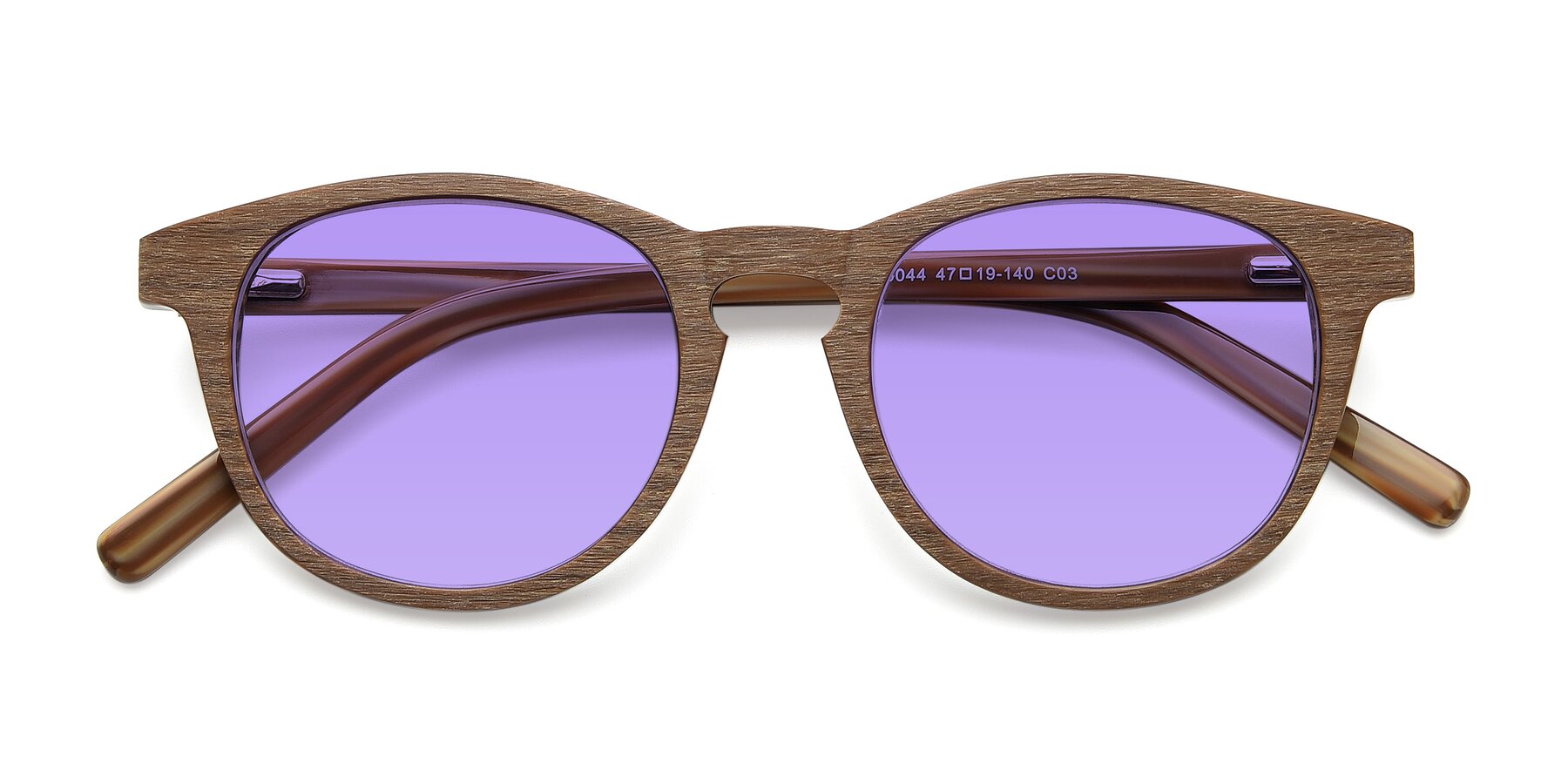 Folded Front of SR6044 in Brown-Wooden with Medium Purple Tinted Lenses