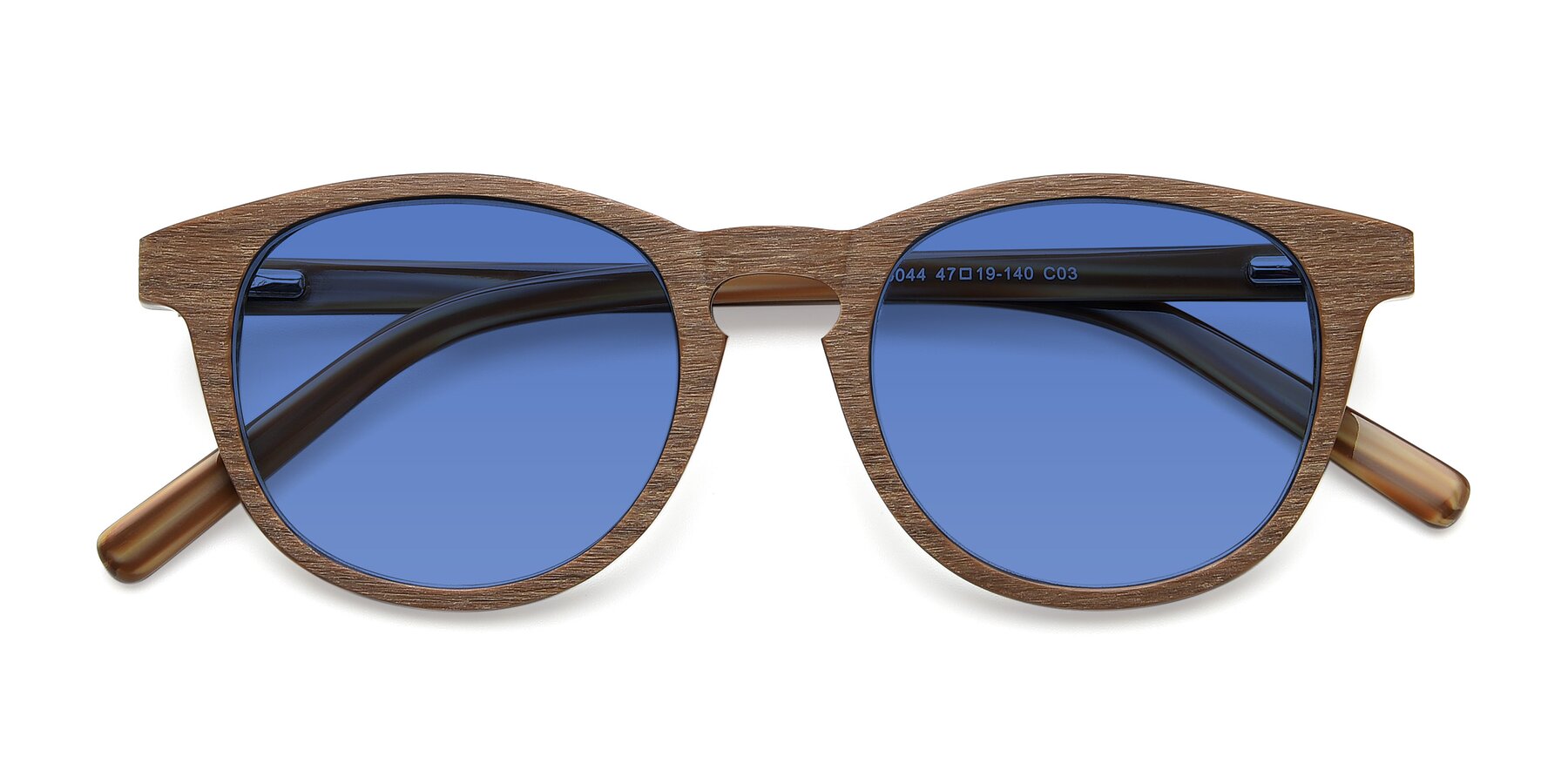 Folded Front of SR6044 in Brown-Wooden with Blue Tinted Lenses