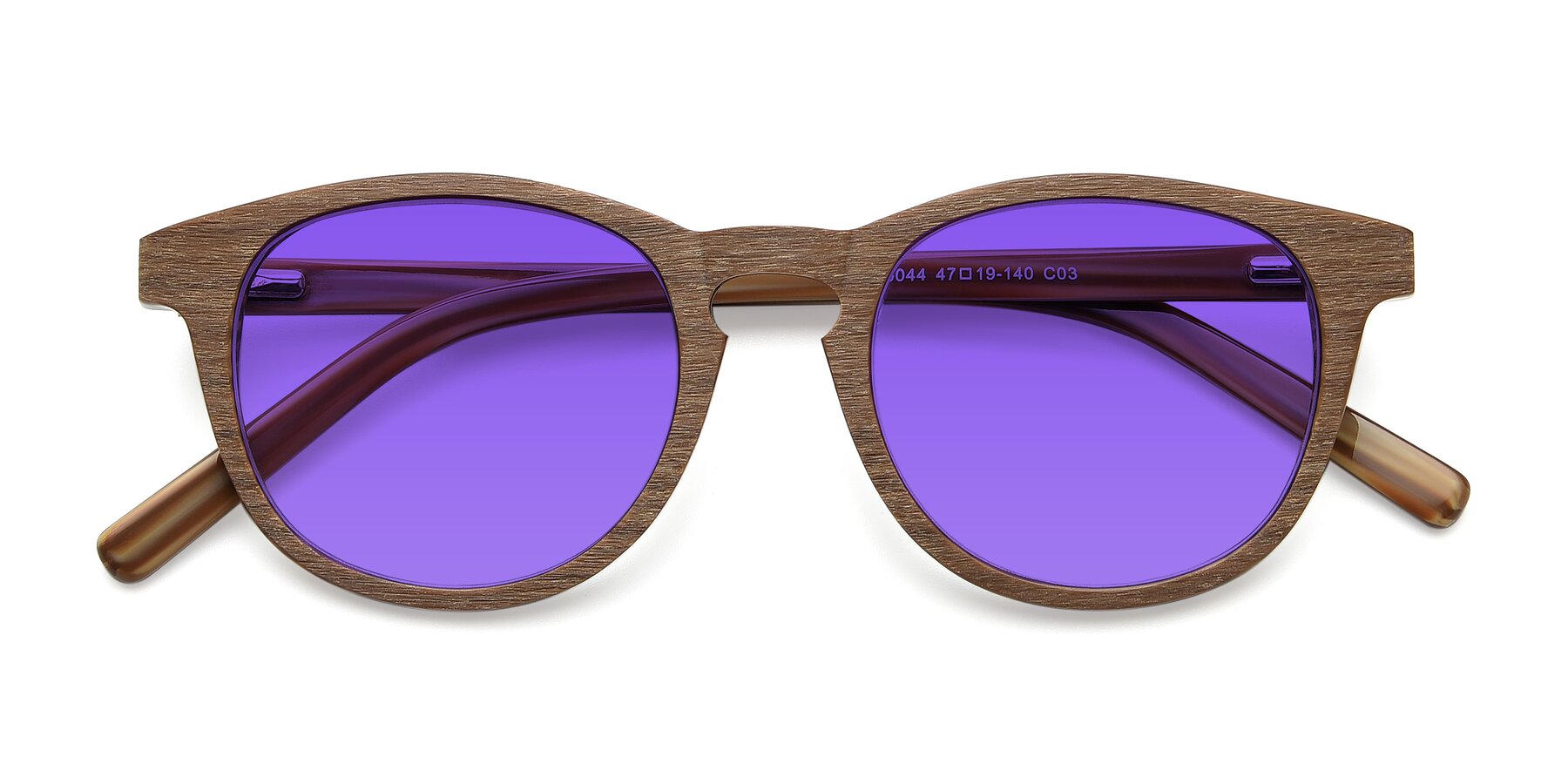 Folded Front of SR6044 in Brown-Wooden with Purple Tinted Lenses