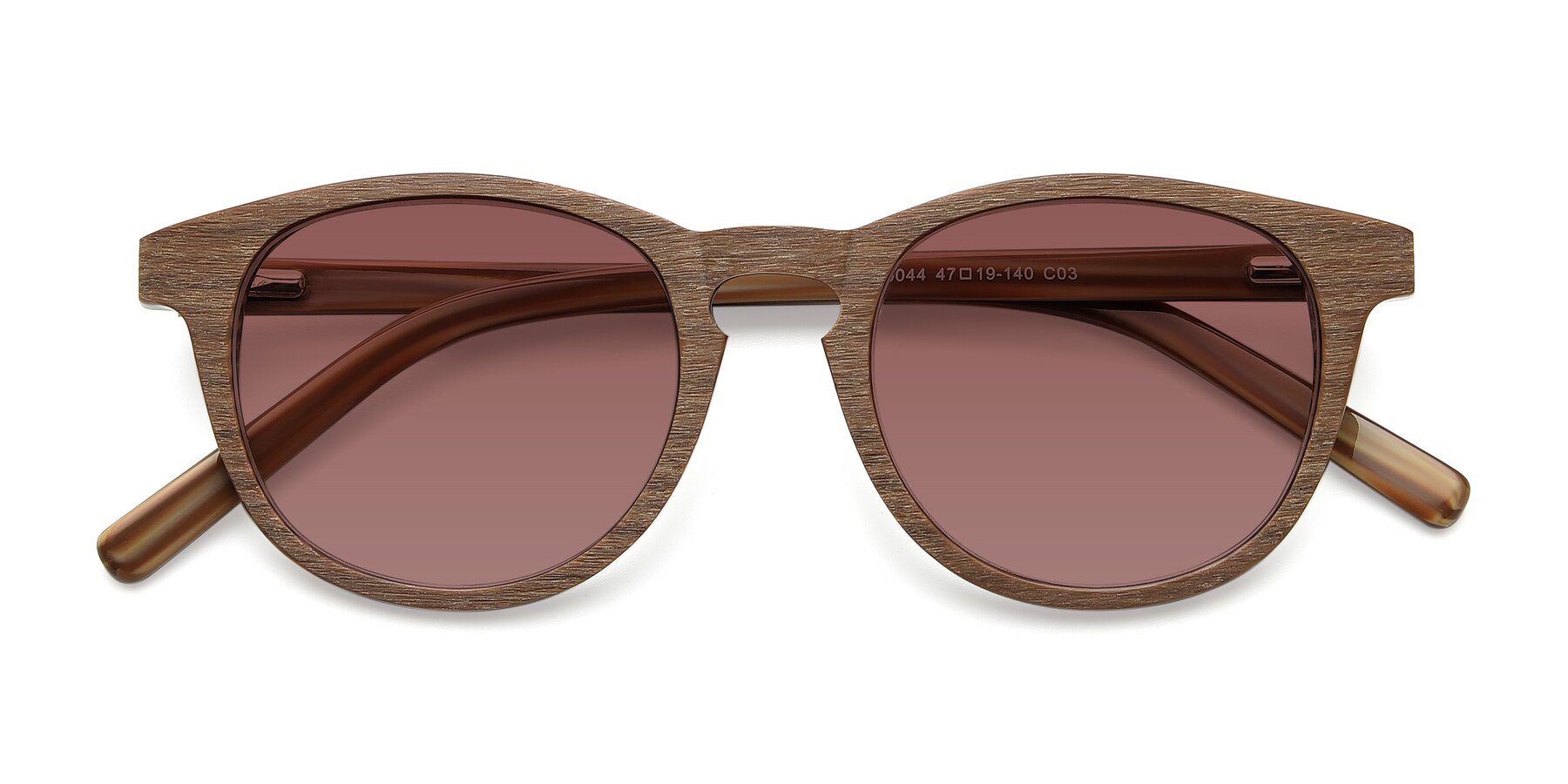 Folded Front of SR6044 in Brown-Wooden with Garnet Tinted Lenses