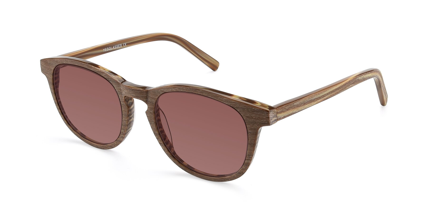 Angle of SR6044 in Brown-Wooden with Garnet Tinted Lenses