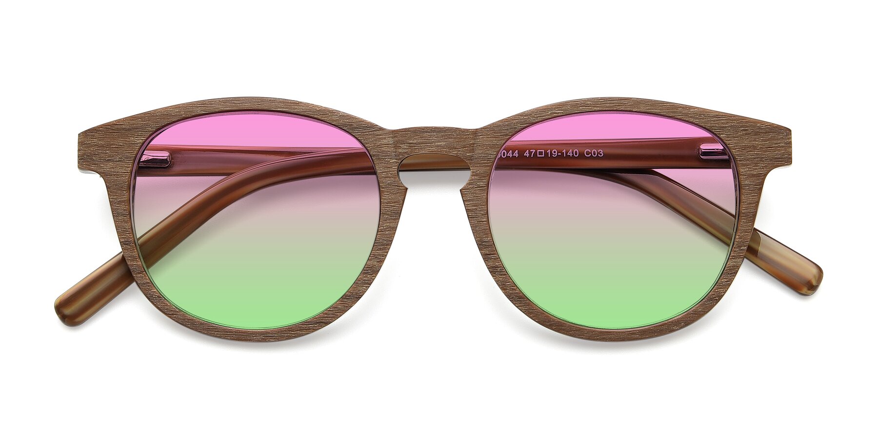 Folded Front of SR6044 in Brown-Wooden with Pink / Green Gradient Lenses