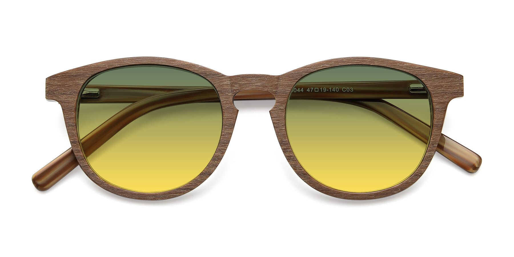 Folded Front of SR6044 in Brown-Wooden with Green / Yellow Gradient Lenses