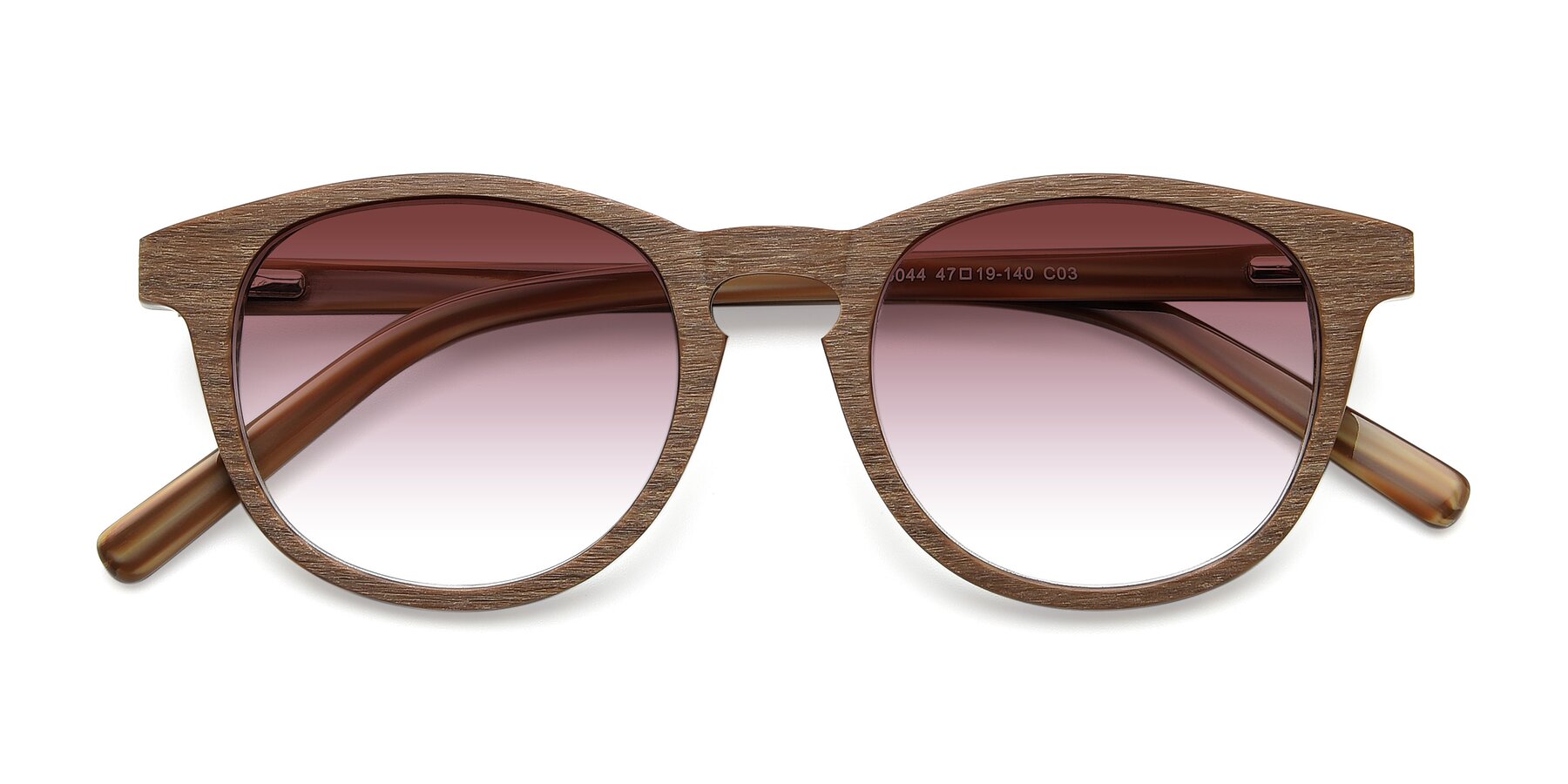 Folded Front of SR6044 in Brown-Wooden with Garnet Gradient Lenses