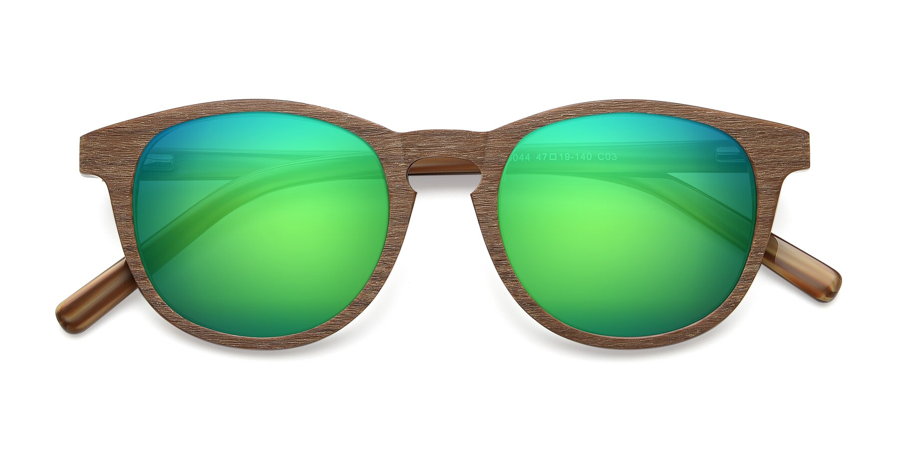 Folded Front of SR6044 in Brown-Wooden with Green Mirrored Lenses