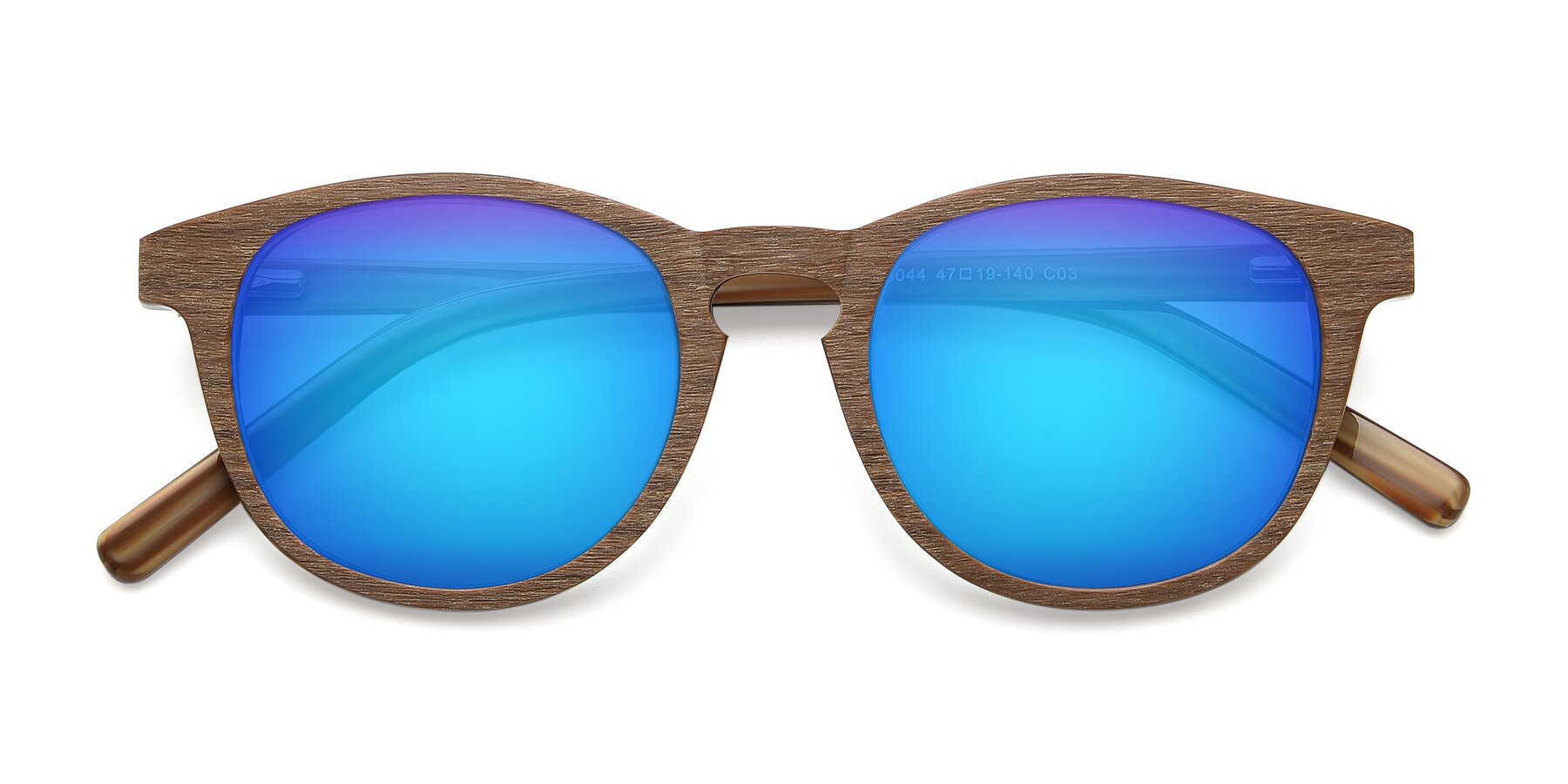 View of SR6044 in Brown-Wooden with Blue Mirrored Lenses