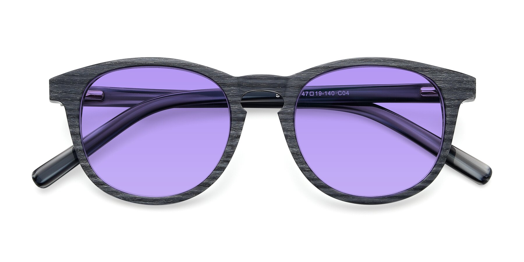 Folded Front of SR6044 in Gray-Wooden with Medium Purple Tinted Lenses