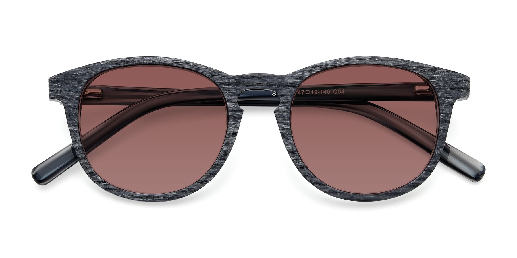 Folded Front of SR6044 in Gray-Wooden with Garnet Tinted Lenses