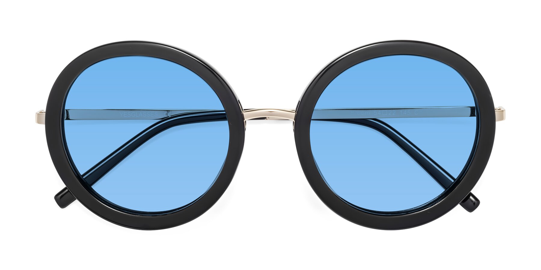 Folded Front of Bloom in Black with Medium Blue Tinted Lenses