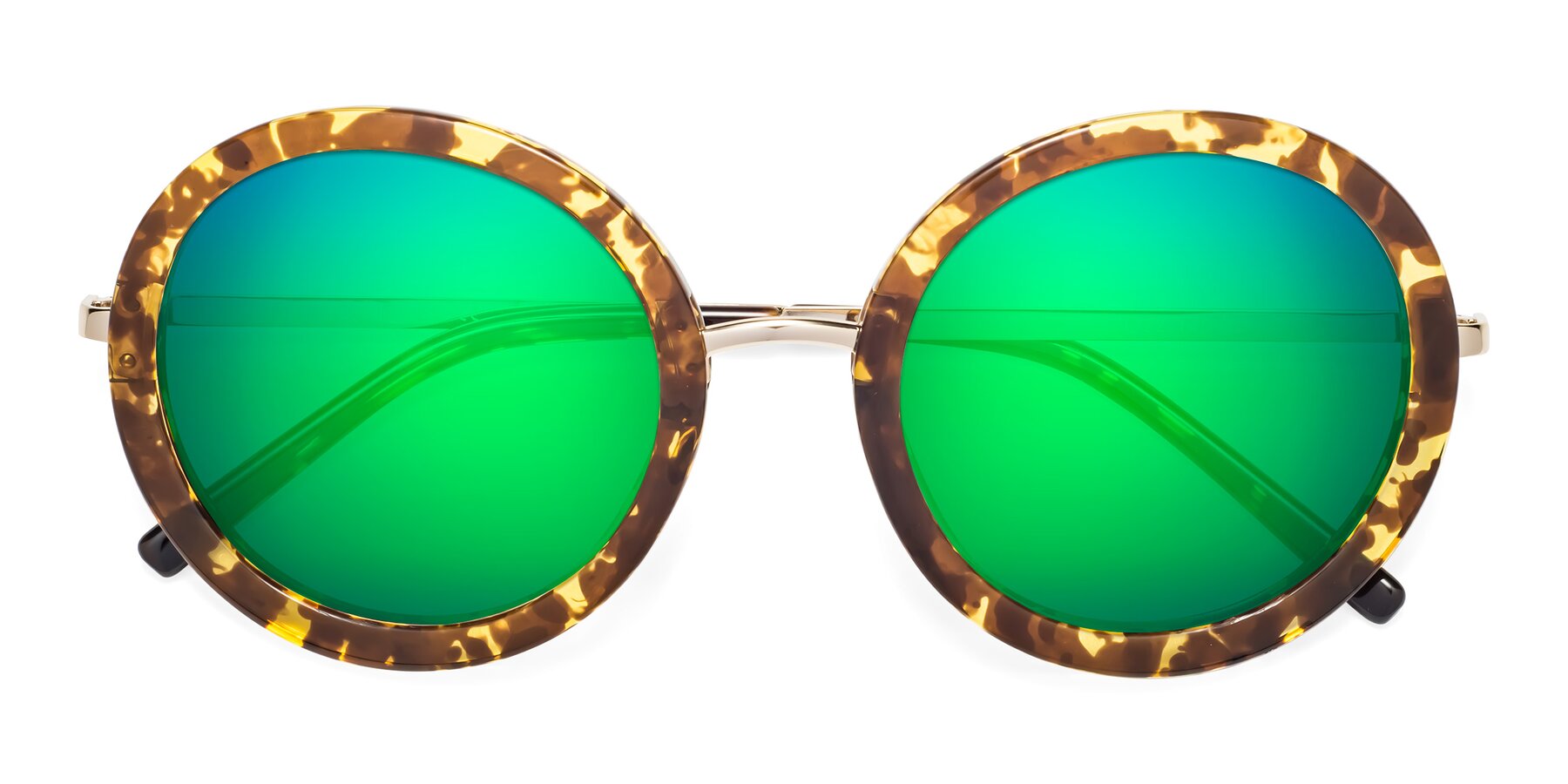 Folded Front of Bloom in Transparent Tortoise with Green Mirrored Lenses