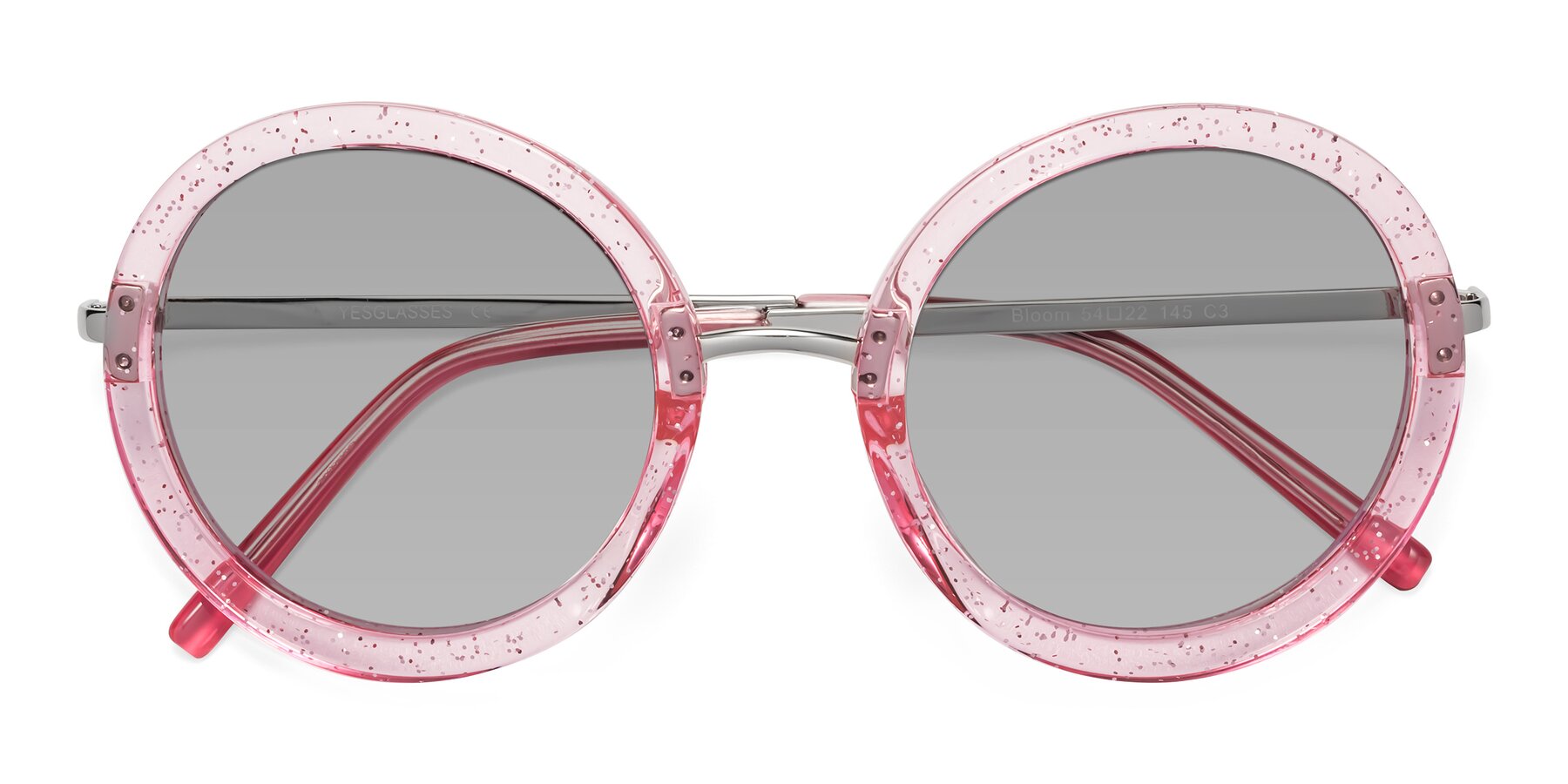 Folded Front of Bloom in Transparent Pearl Pink with Light Gray Tinted Lenses