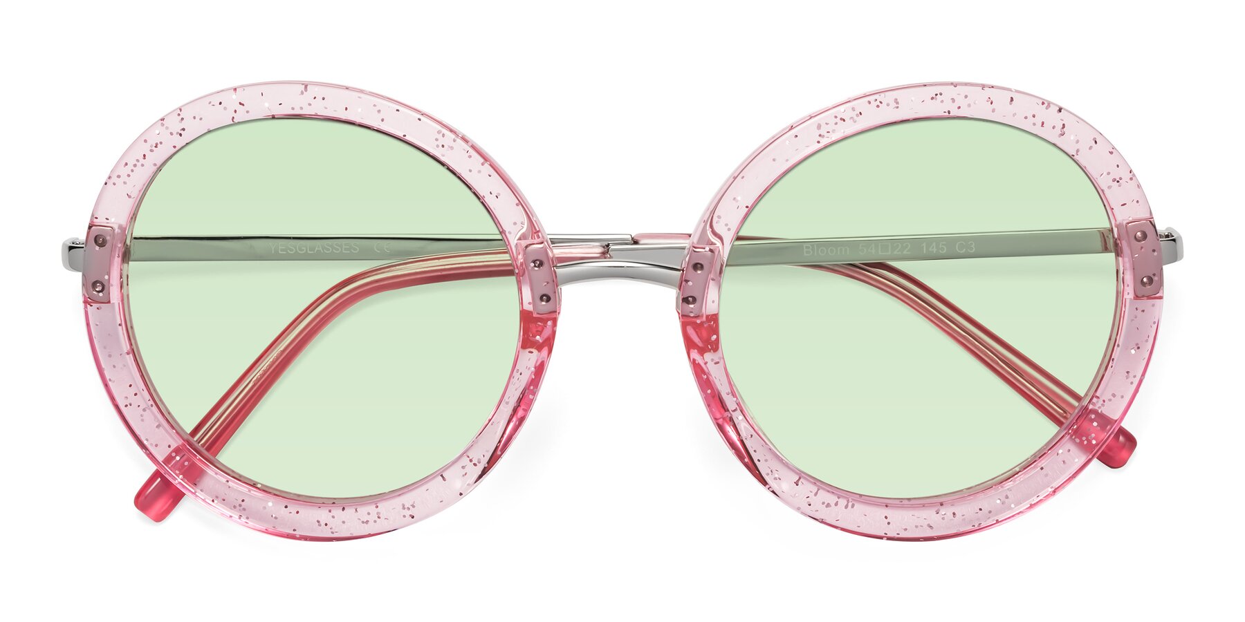 Folded Front of Bloom in Transparent Pearl Pink with Light Green Tinted Lenses
