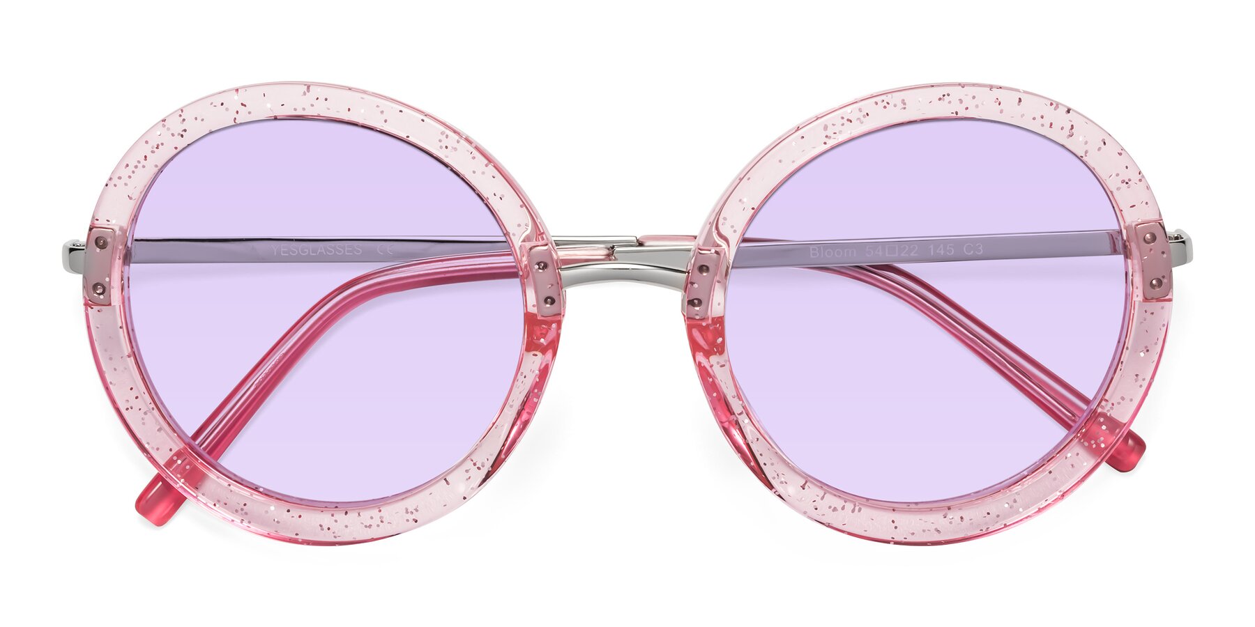 Folded Front of Bloom in Transparent Pearl Pink with Light Purple Tinted Lenses
