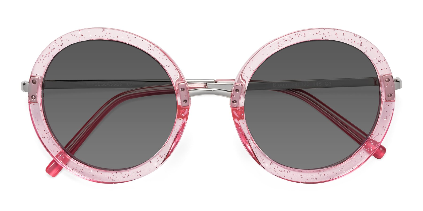 Folded Front of Bloom in Transparent Pearl Pink with Medium Gray Tinted Lenses