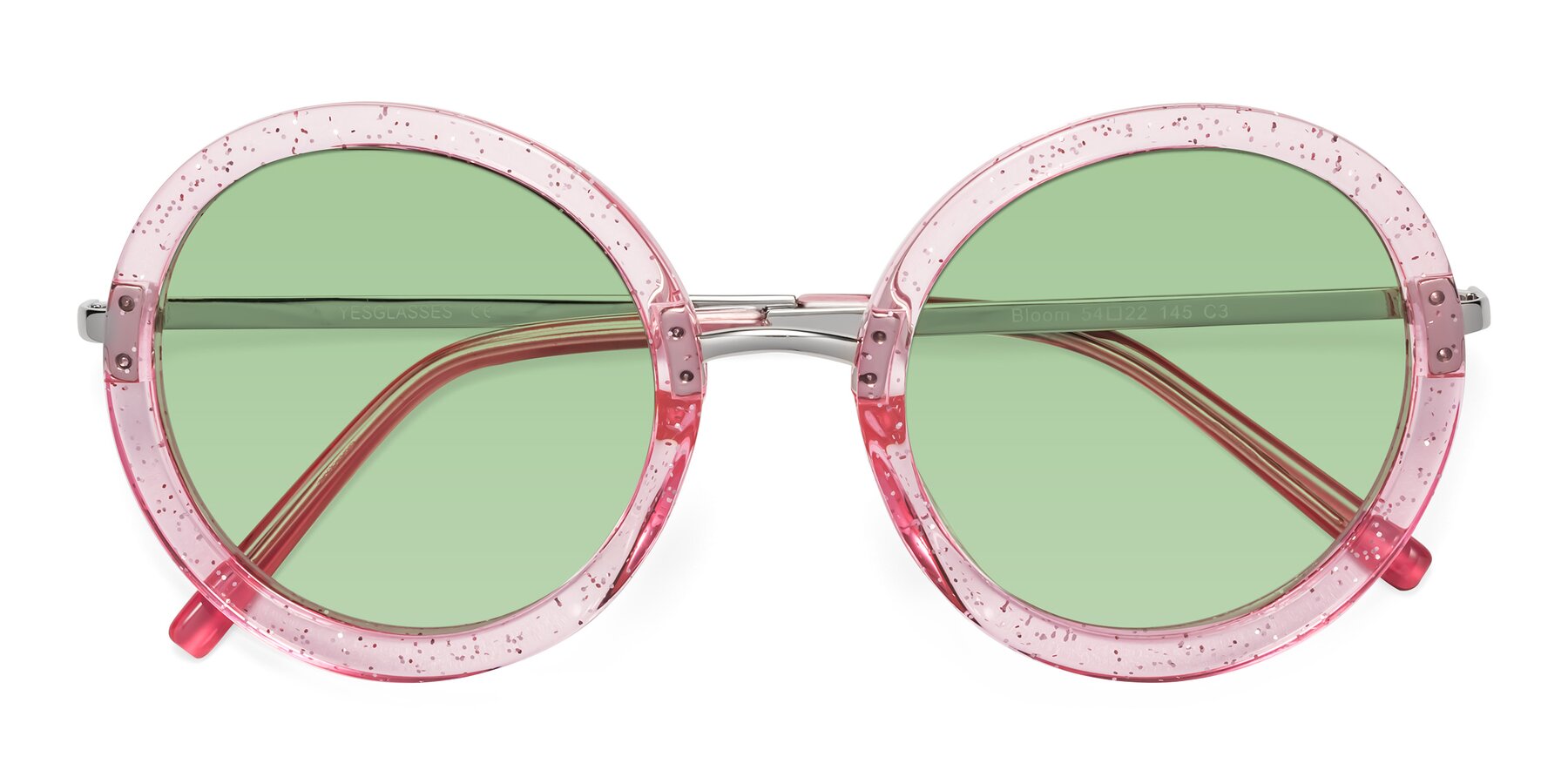 Folded Front of Bloom in Transparent Pearl Pink with Medium Green Tinted Lenses