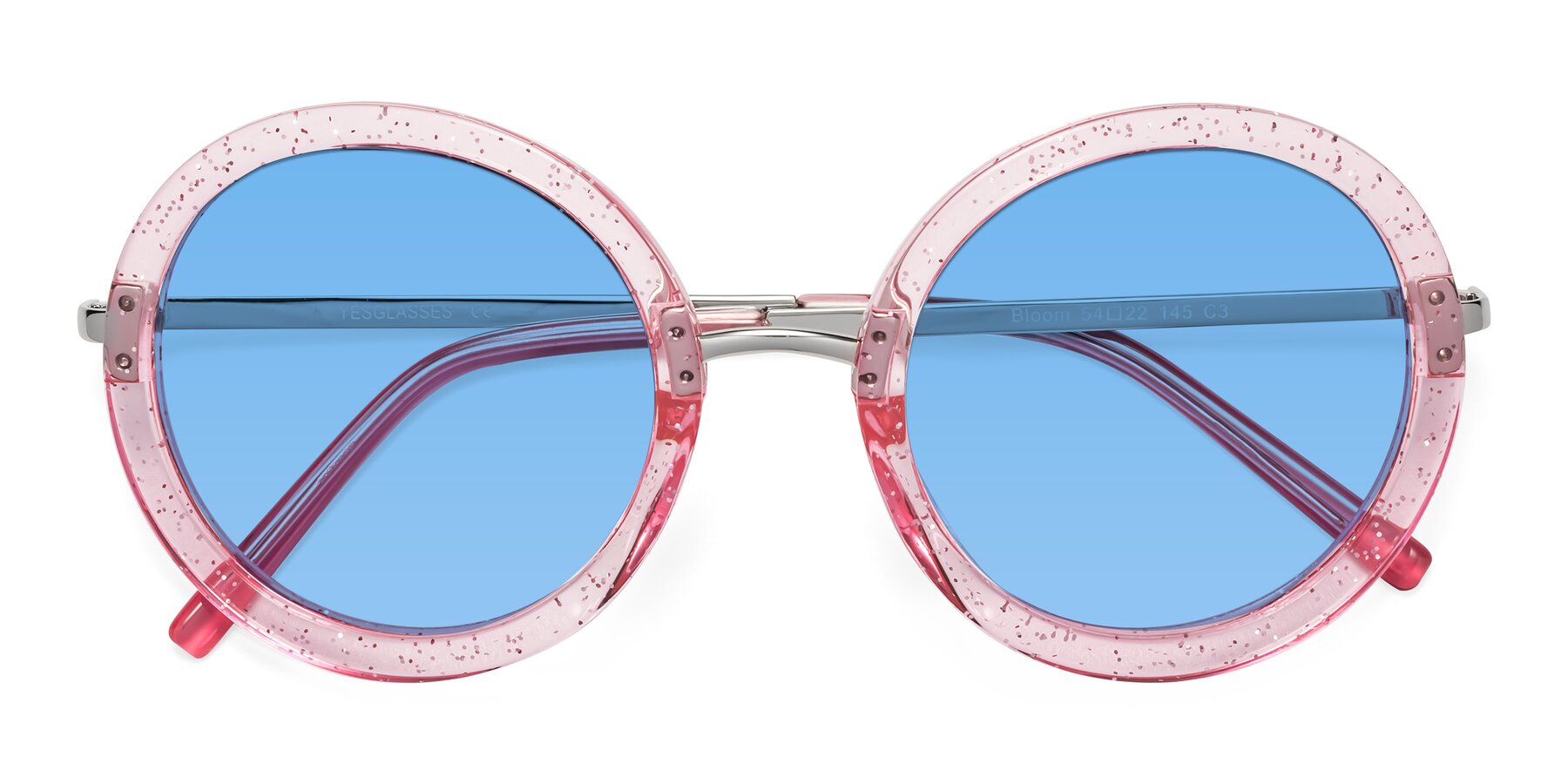 Folded Front of Bloom in Transparent Pearl Pink with Medium Blue Tinted Lenses