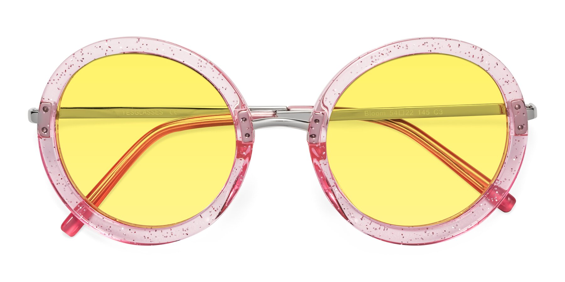 Folded Front of Bloom in Transparent Pearl Pink with Medium Yellow Tinted Lenses