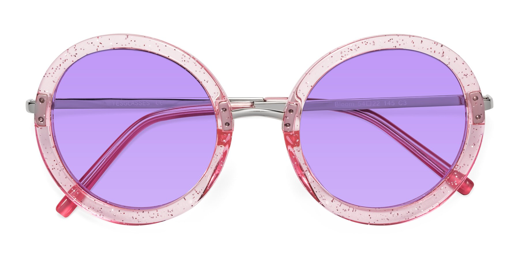 Folded Front of Bloom in Transparent Pearl Pink with Medium Purple Tinted Lenses
